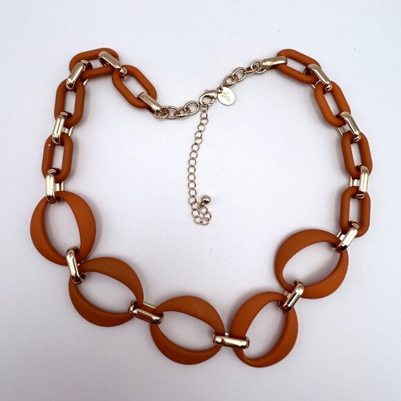 Louisa Necklace Orange Matte Resin Links Gold Tone 20-23.5 in Adjustable - Picture 1 of 8